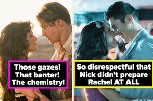 Rick and Evie from "The Mummy" and the words "Those gazes, that banter, the chemistry!" and Nick and Rachel from Crazy Rich Asians and the words "So disrespectful that Nick didn't prepare Rachel at all"