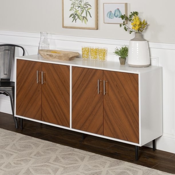 the buffet cabinet in white with brown wooden doors