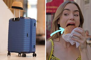 On the left, a suitcase with a hat on the handle, and on the right, Emily from Emily in Paris eating a chocolate croissant with an arrow pointing to it