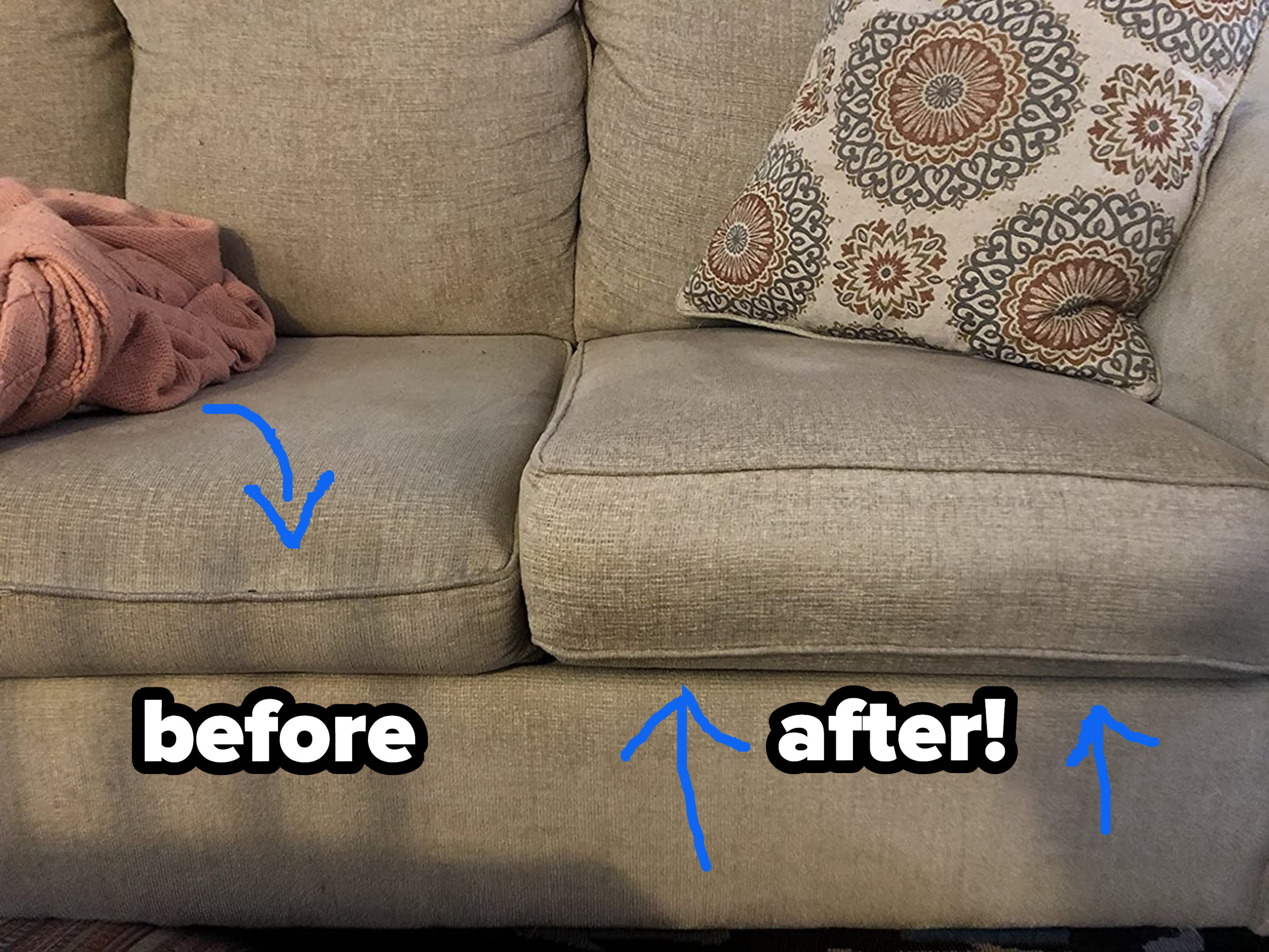 a reviewer&#x27;s couch showing the difference between a seat without the cushion, sinking into the couch, and a seat with the cushion, sitting where it&#x27;s supposed to