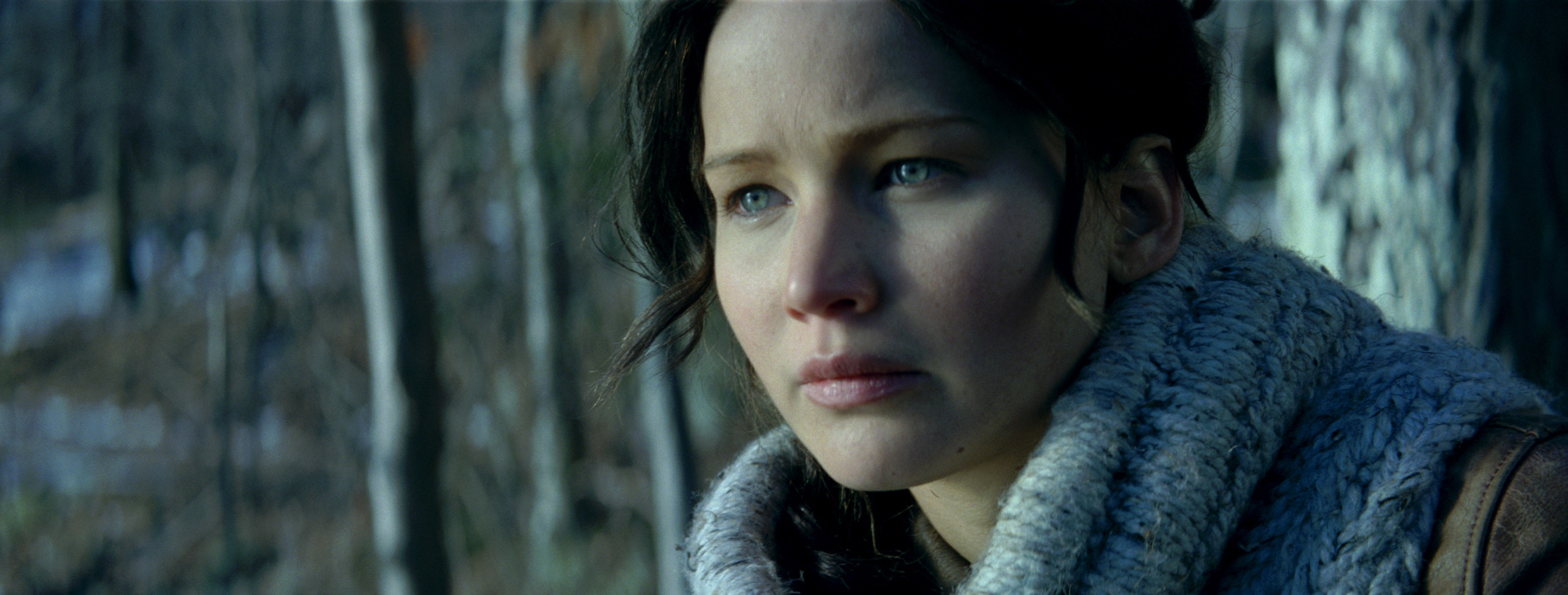 Close-up of Katniss outside