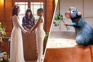 Two women hold hands as they're about to be married and Remy the rat stands at the edge of a soup pot holding spices