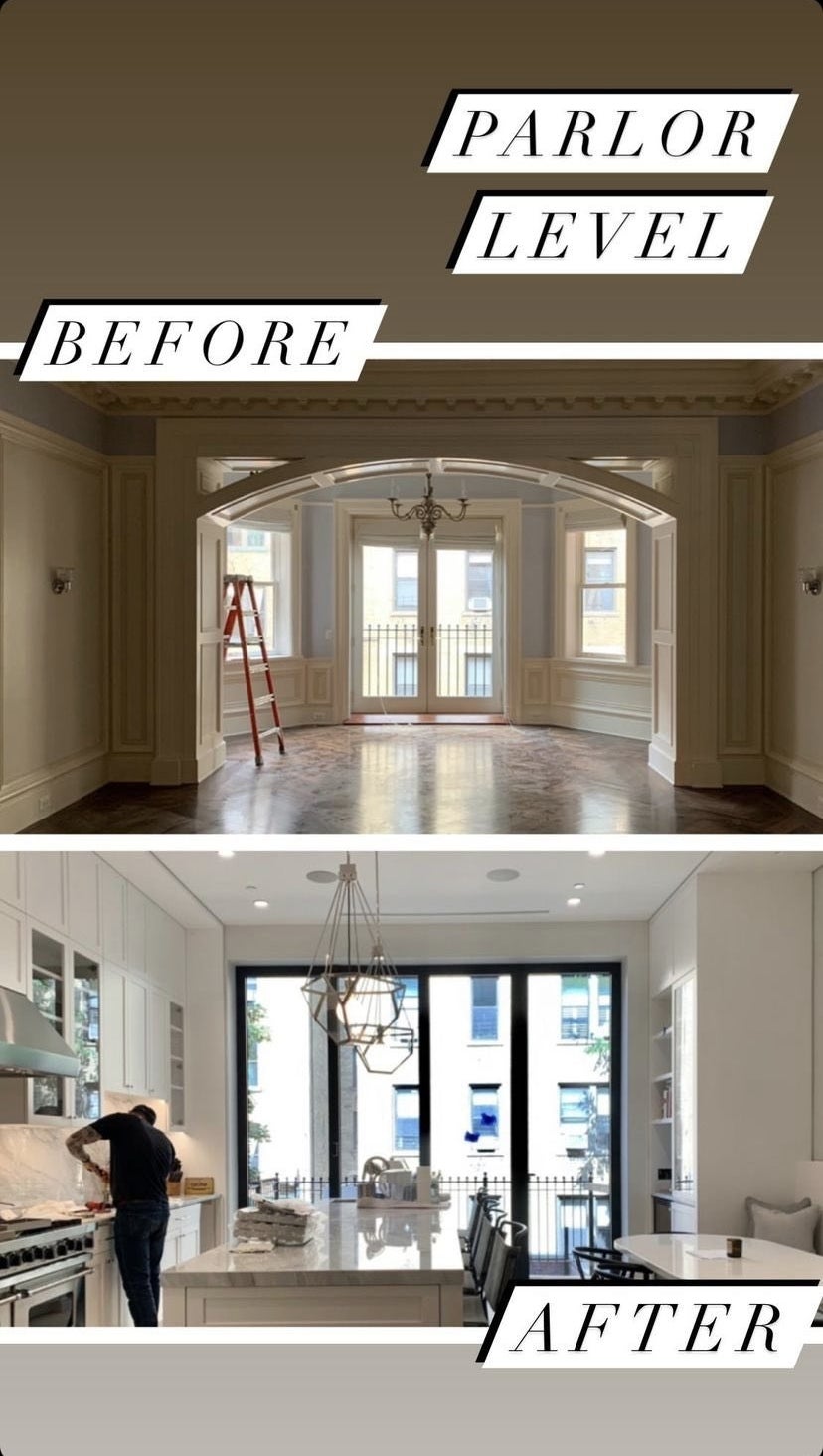 A &quot;before&quot; photo of an elegant room that has traditional architecture, such as an arch and pillars that&#x27;s completely transformed in an &quot;after&quot; photo where all the architecture is gone and simplified for a modern look