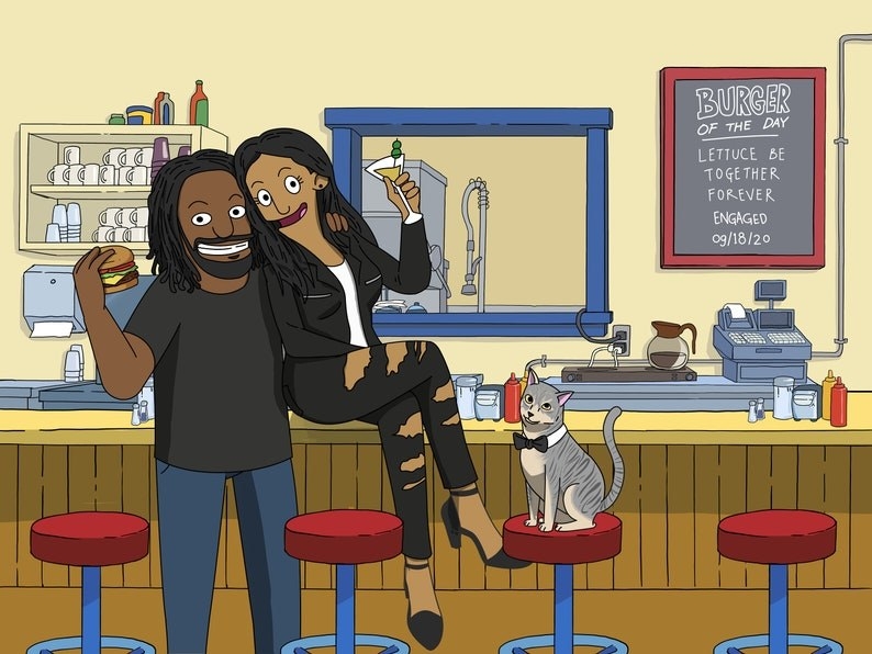 a bob&#x27;s burger-themed portrait of a couple and their cat