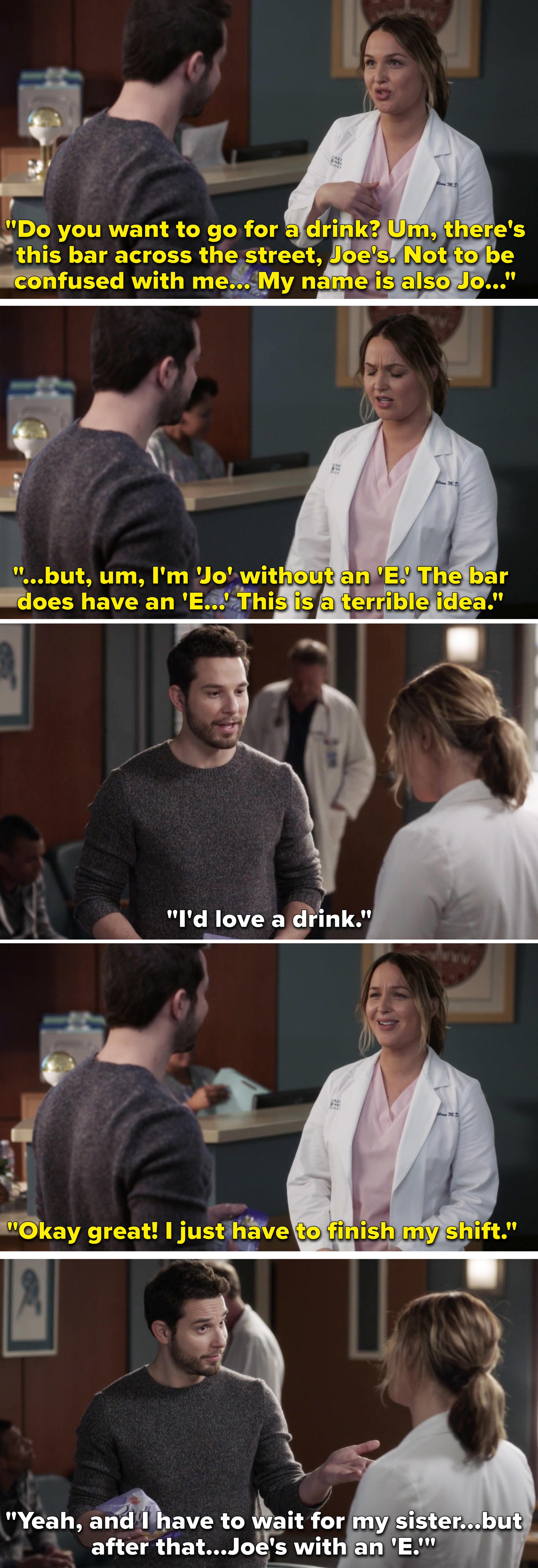 Jo asking Todd on a date to Joe&#x27;s bar and explaining that her name is Jo just without the letter e