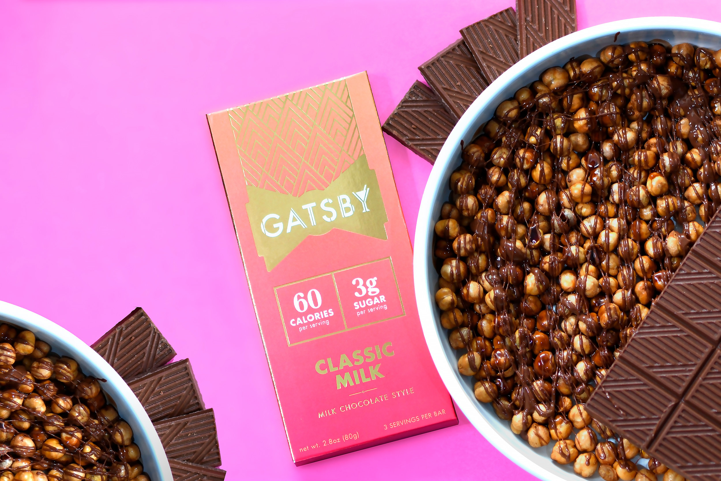 The Gatsby Classic Milk Bar next to a pot of chickpeas drizzled with chocolate