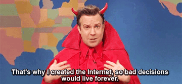 Jason Sudeikis dressed as the devil saying that&#x27;s why I created the internet so bad decisions would live forever