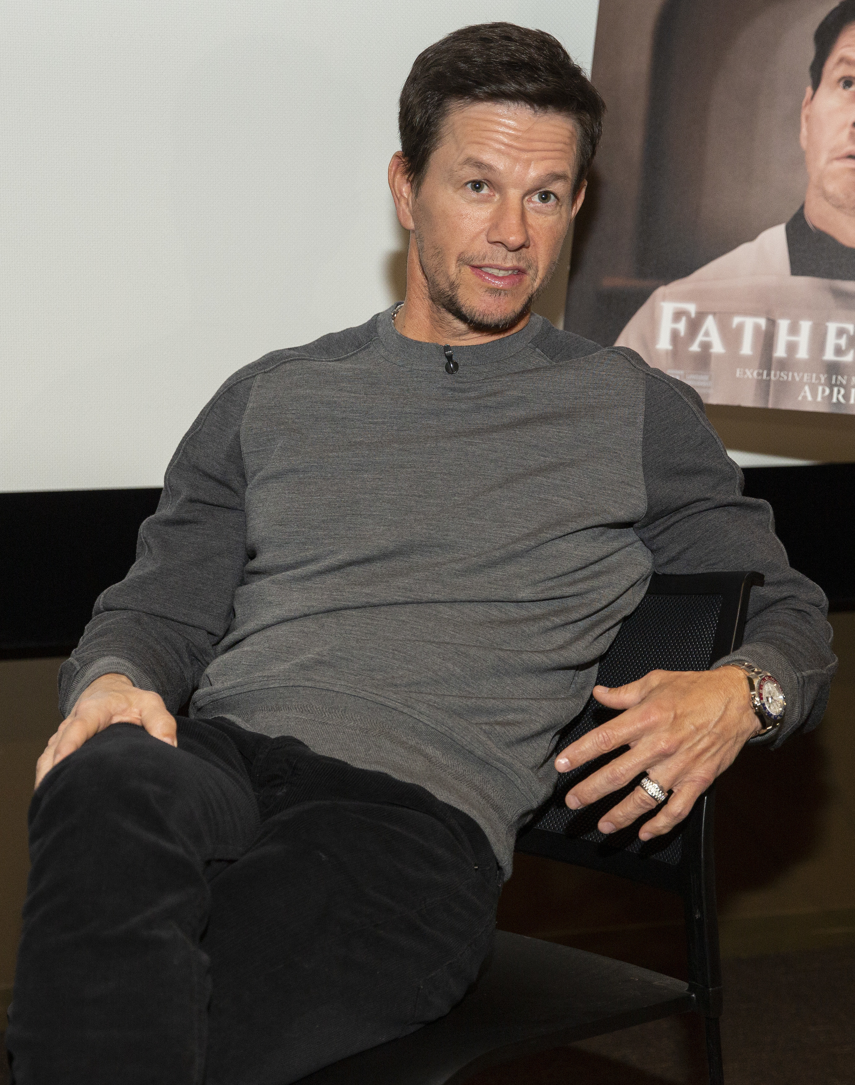 Mark Wahlberg speaks during the private screening of &quot;Father Stu&quot; at the Damen Cinema on March 3, 2022