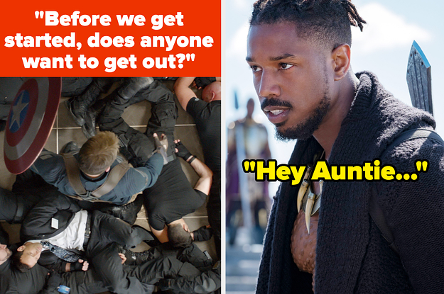 Captain America: The Winter Soldier with text reading "Before we get started, does anyone want to get out?" side by side with Black Panther with text reading "Hey Auntie"