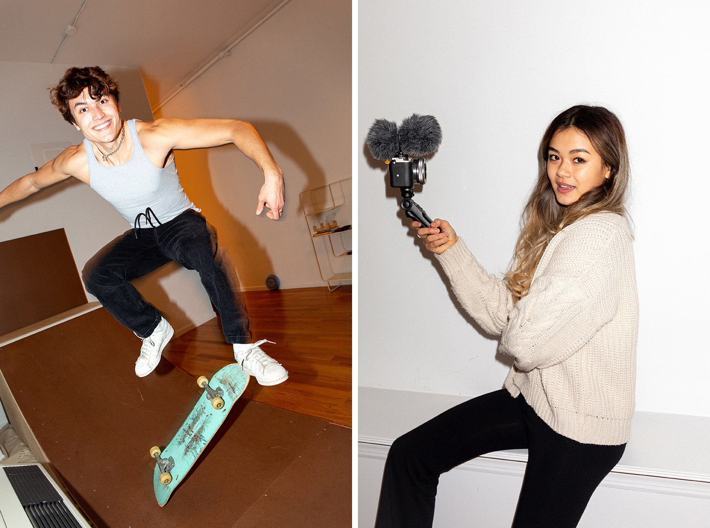 Wasaka lifts off a skateboard and Ashley holds a camera