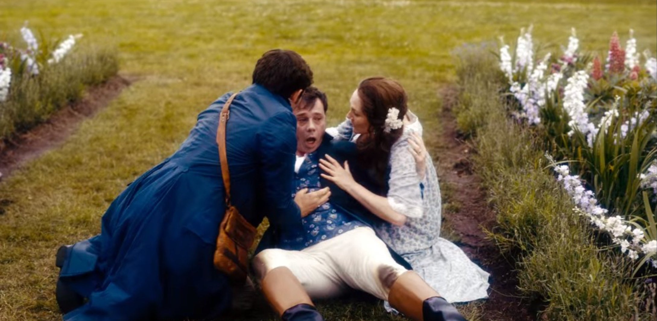 Edmund Bridgerton dying after being stung by a bee. Violet and Anthony holding him on the floor.