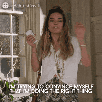 Alexis Rose saying, &quot;I&#x27;m trying to convince myself that I&#x27;m doing the right thing&quot; on &quot;Schitt&#x27;s Creek&quot;