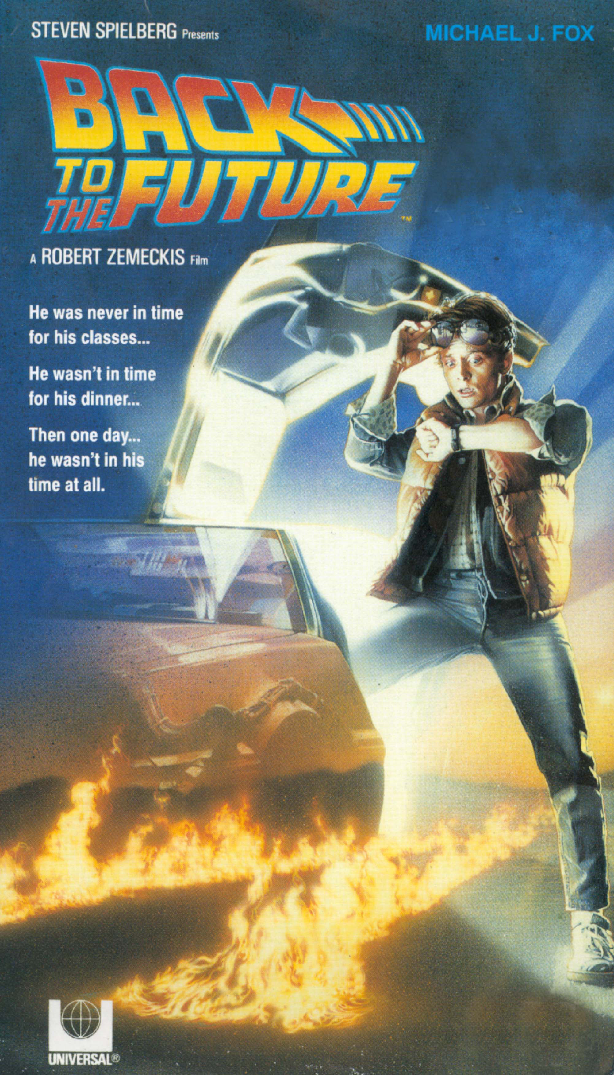 The theatrical poster for &quot;Back to the Future&quot; with Marty McFly next to the DeLorean