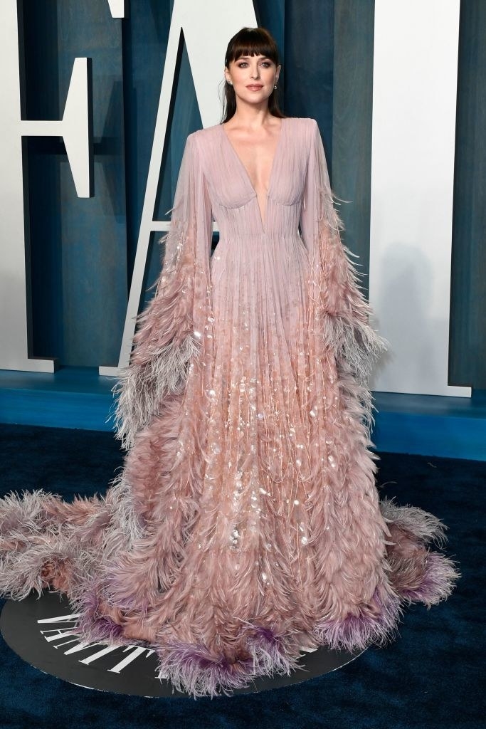 Dakota in a long, light-colored, V-necked gown with flared sleeves and feathery trim