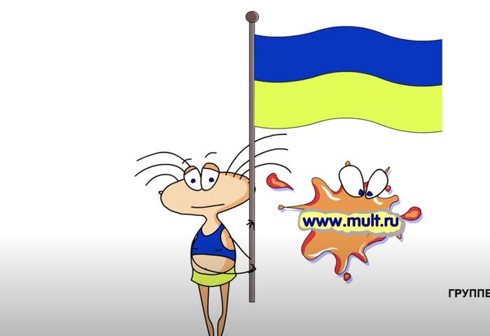 somber cartoon character masyanya holds ukranian flag