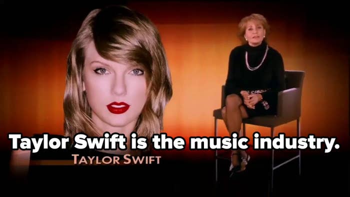 Close-up of Taylor next to Barbara sitting in a chair with the text &quot;Taylor Swift is the music industry&quot;