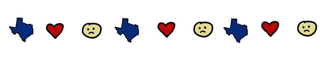 Page break of a doodle of Texas, heart, and sad face
