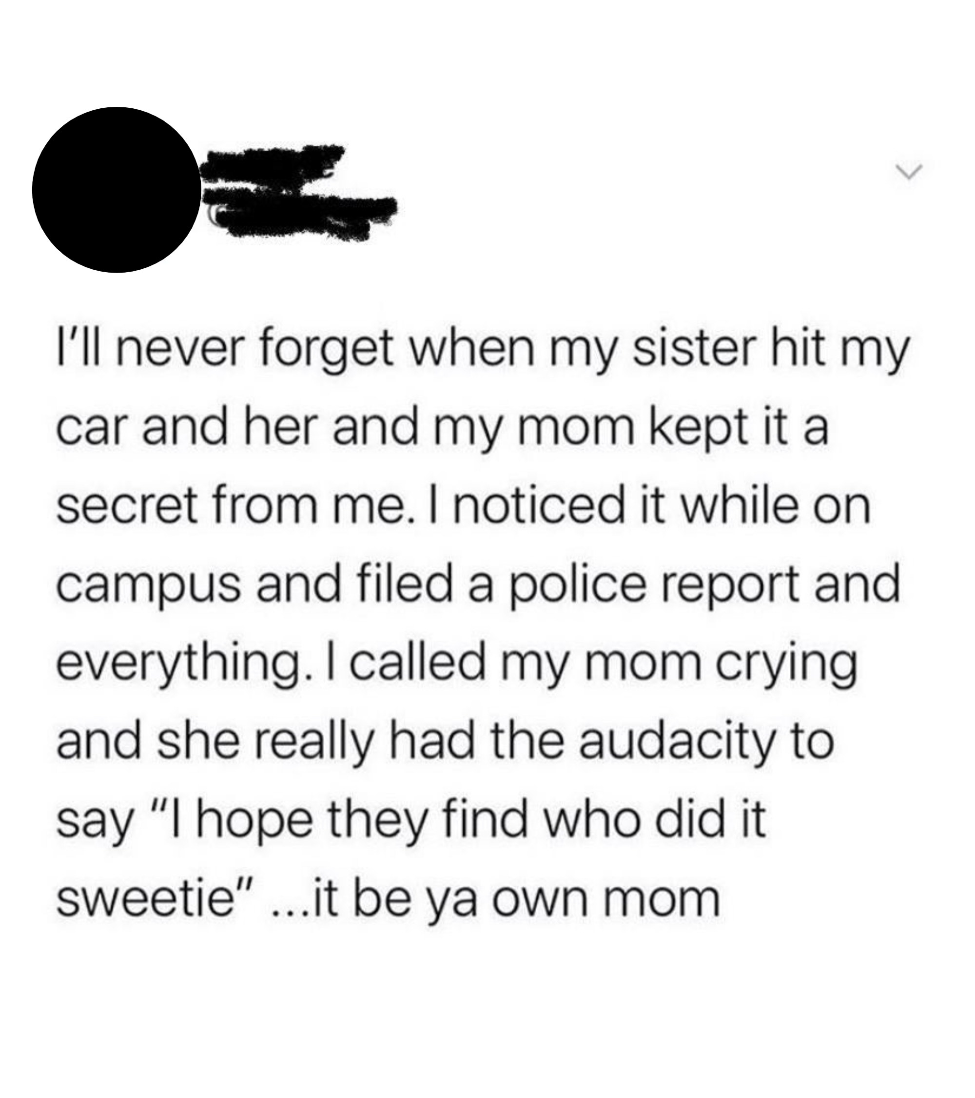 Tweet that reads: &quot;I&#x27;ll never forget when my sister hit my car and her and my mom kept it a secret from me&quot;