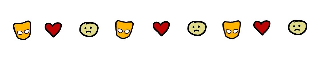 Page break of the Grindr logo, a heart, and sad face