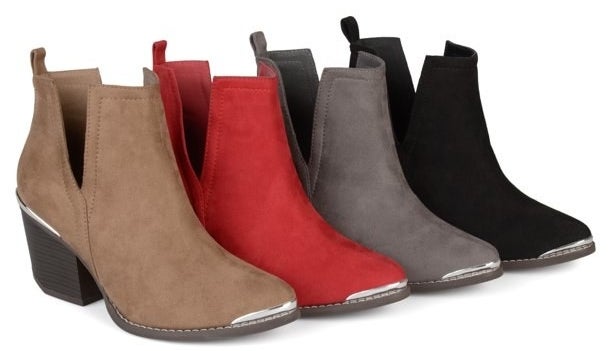 One taupe, one red, one grey, and one black suede bootie