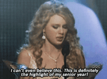 Taylor holding an award at the podium and saying &quot;I can&#x27;t even believe this; this is definitely the highlight of my senior year!&quot;