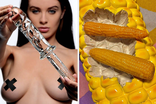 Model holding double-ended glass dildo and two corn dildos side-by-side