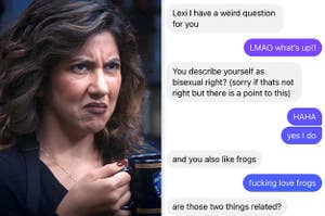 Rosa from brooklyn 99 looking weirded out with a text exchange where a guy asks if a girl is bisexual and likes frogs and if those are related