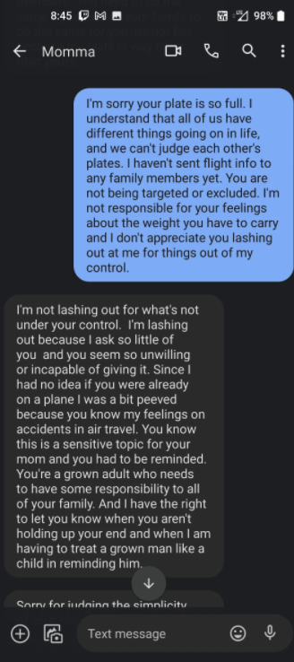 Kid standing up for themselves, and mom responding: &quot;You&#x27;re a grown adult who needs to have some responsibility to all of your family&quot;