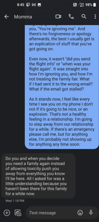 Mom: &quot;Do you and when you decide you need a family again instead of allowing toxicity push you away from everything, you know I&#x27;ll be here&quot;