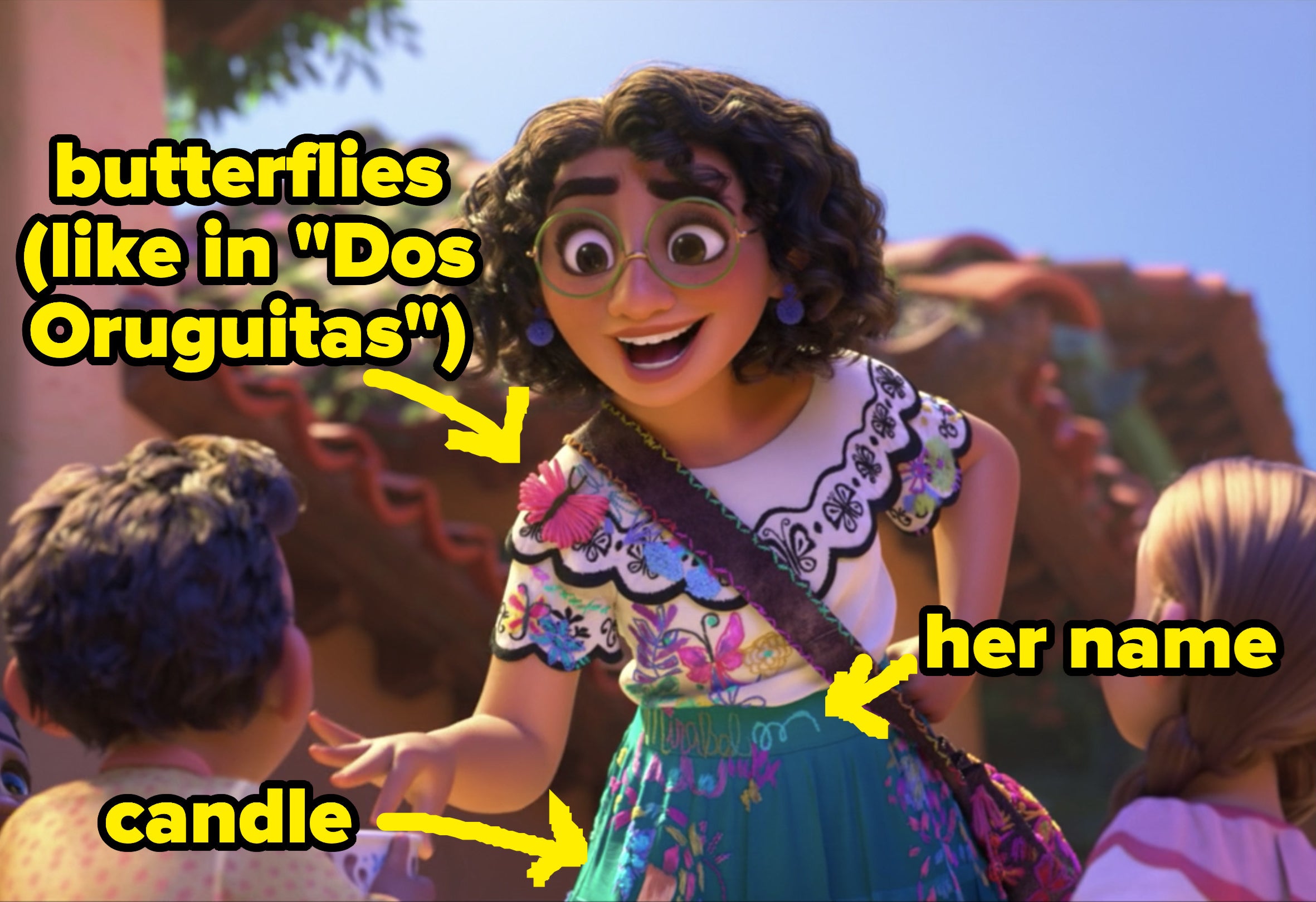 Mirabel from Encanto with details on her outfit labeled