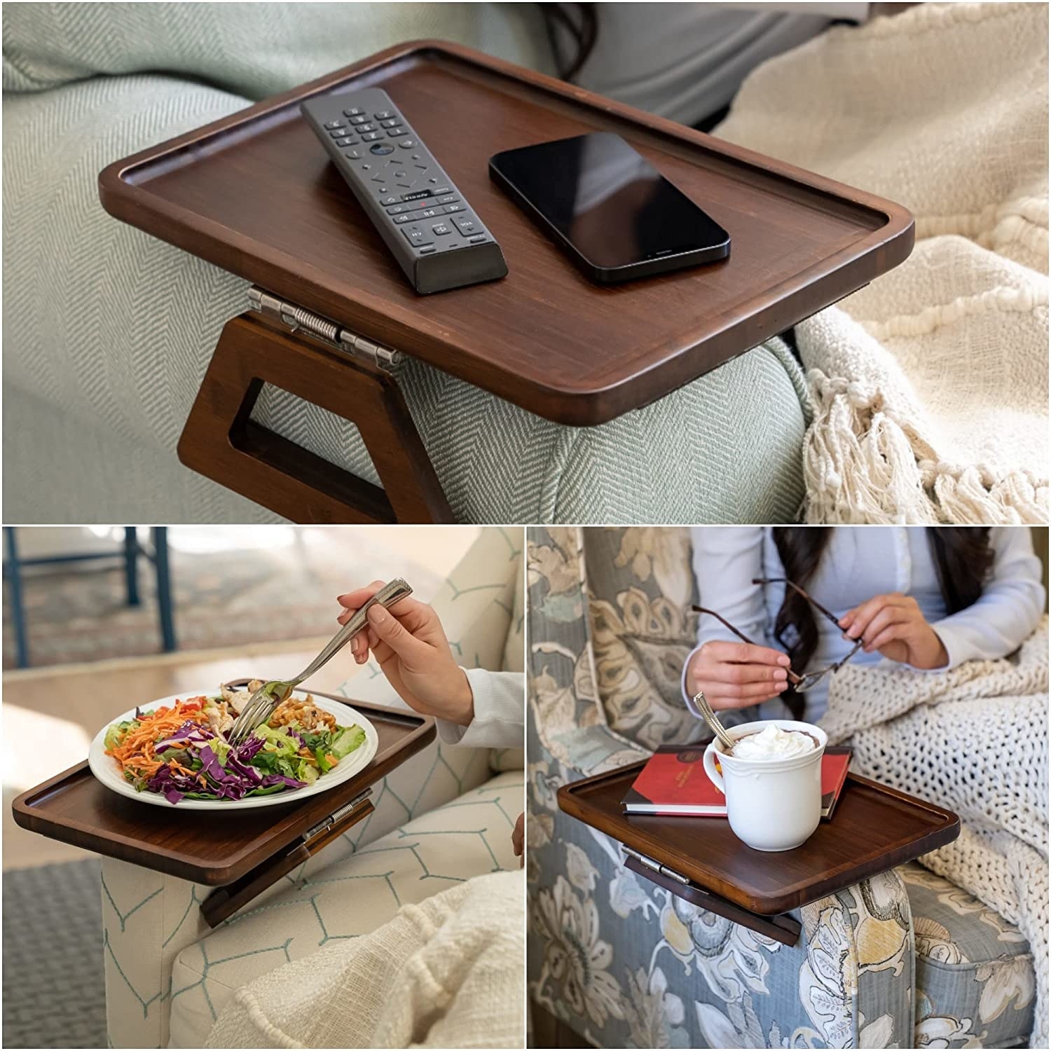 The tray being used on sofa arms to hold drinks, food, and remotes