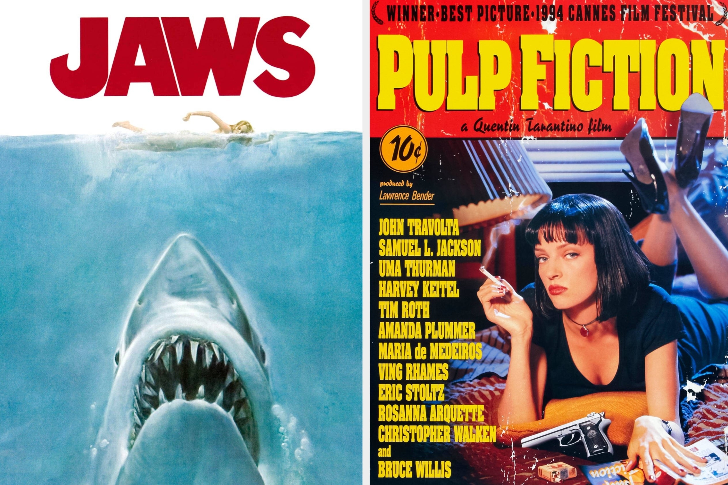 The theatrical poster of "Jaws"/The theatrical poster of Uma Thurman in "Pulp Fiction"