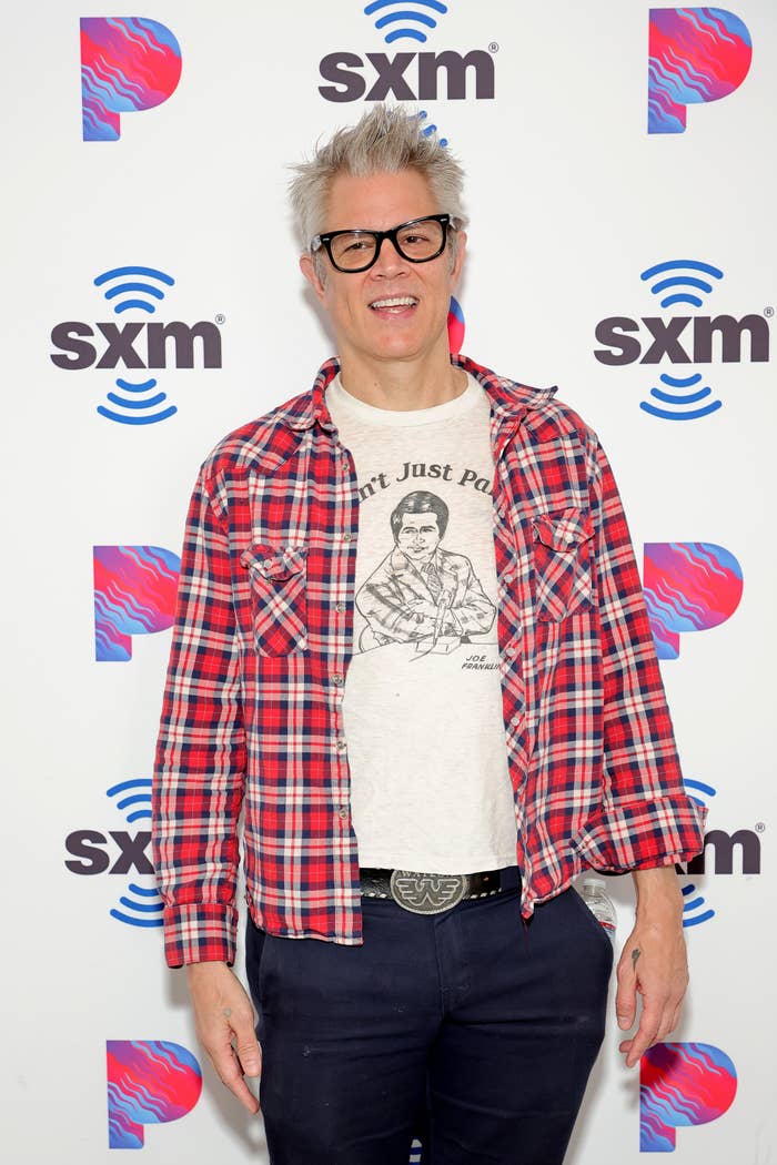 Johnny Knoxville poses in front of a step and repeat wearing a flannel over a T-shirt and pants