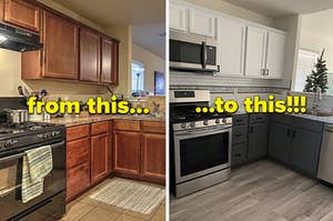 on left, kitchen area with wood cabinets. on right, same kitchen, with freshly-painted white and gray cabinets and updated appliances