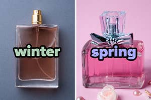 On the left, a simple, dark, and tall perfume bottle labeled winter, and on the right, a short, bright perfume bottle with a bow around the lid labeled spring