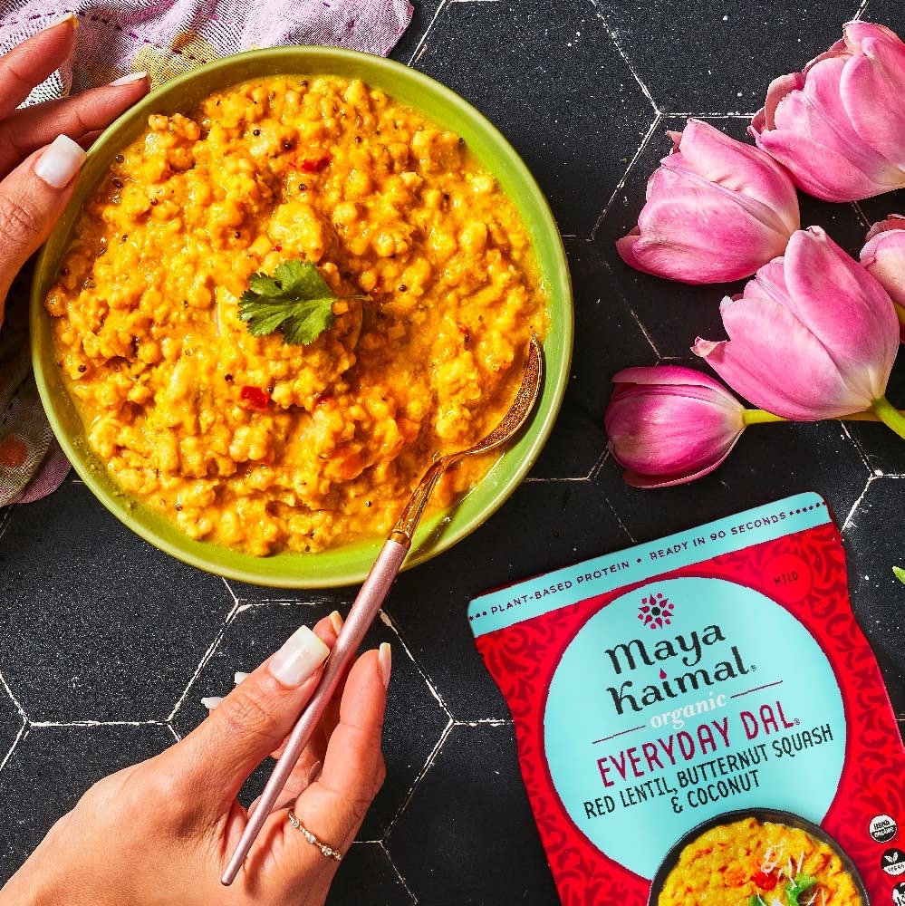 a packet of the cooked dal with red lentil, butternut squash, and coconut