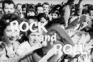 Group of teenagers in black and white with "Rock and Roll" in the front of the image
