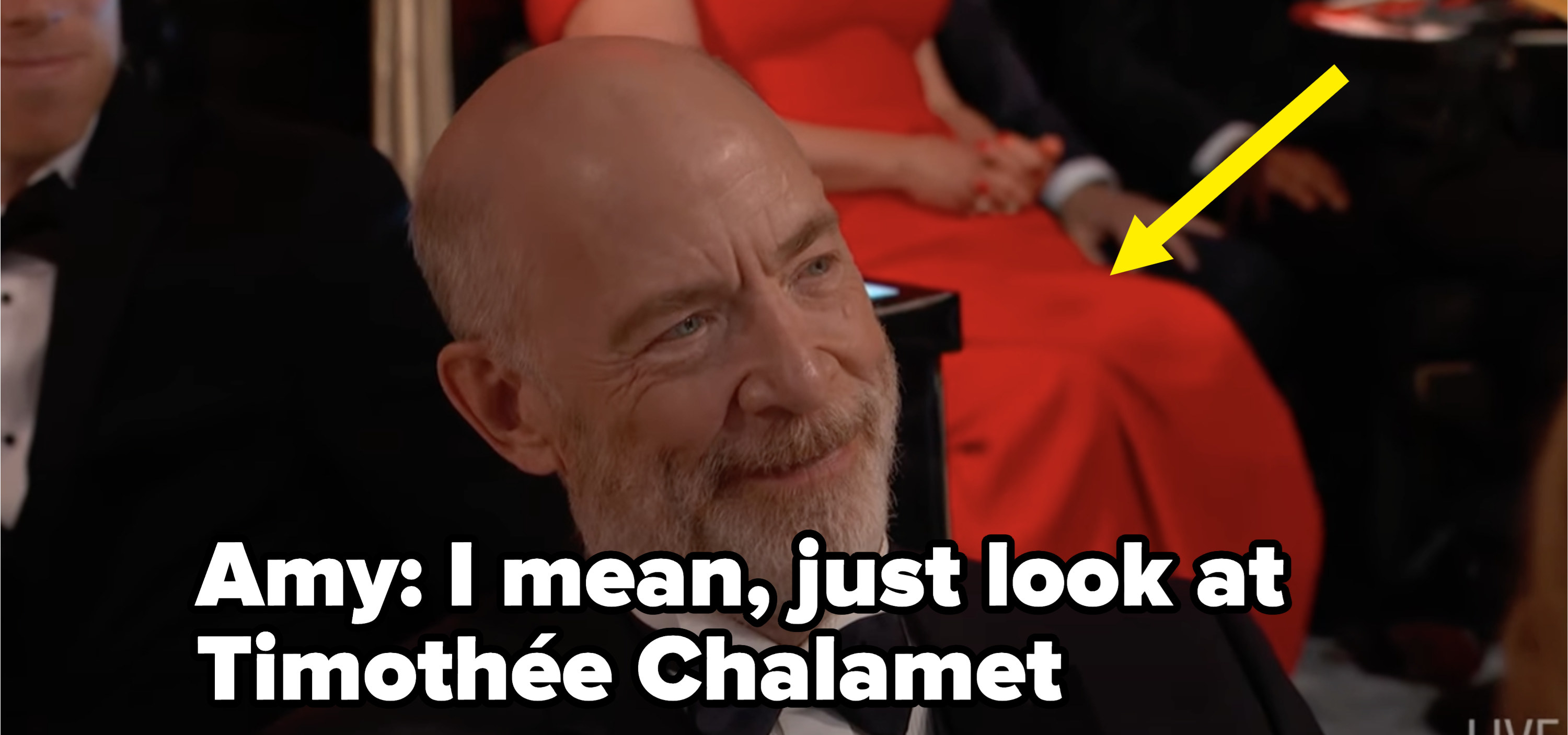 Text from Amy, with the camera on J.K. Simmons: &quot;I mean, just look at Timothée Chalamet&quot;