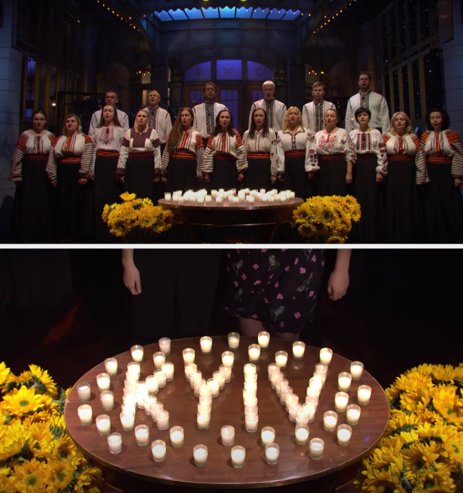 Top: The Ukrainian Chorus Dumka of New York stand on stage in &quot;Saturday Night Live&quot; Bottom: Candles on a table spell out &quot;Kyiv&quot; in &quot;Saturday Night Live&quot;