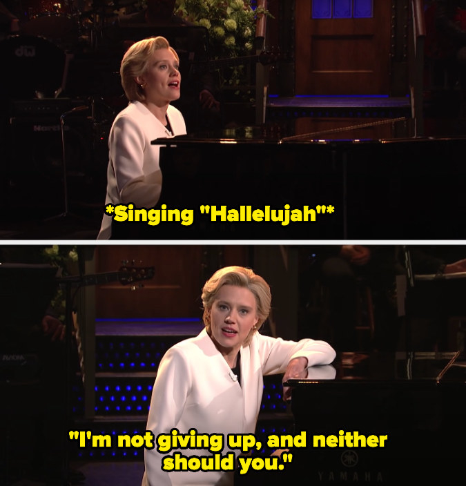 Top: Kate McKinnon as Hilary Clinton plays the piano and sings in &quot;Saturday Night Live&quot; Bottom: Kate McKinnon as Hilary Clinton says &quot;I&#x27;m not giving up, and neither should you&quot; in &quot;Saturday Night Live&quot;