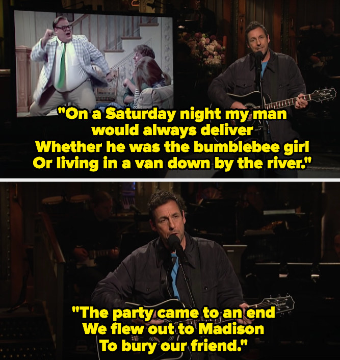 Top: Adam Sandler plays guitar while a television behind him shows Chris Farley in &quot;Saturday Night Live&quot; Bottom Adam Sandler plays guitar and sings about burying his friend in &quot;Saturday Night Live&quot;