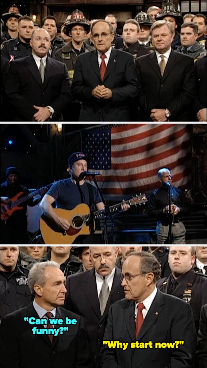 Top: Rudy Giuliani stands in front of 9/11 first responders in &quot;Saturday Night Live&quot; Middle: Paul Simon plays the guitar in &quot;Saturday Night Live&quot; Bottom: Lorne Michaels and Rudy Giuliani face each other in &quot;Saturday Night Live&quot;