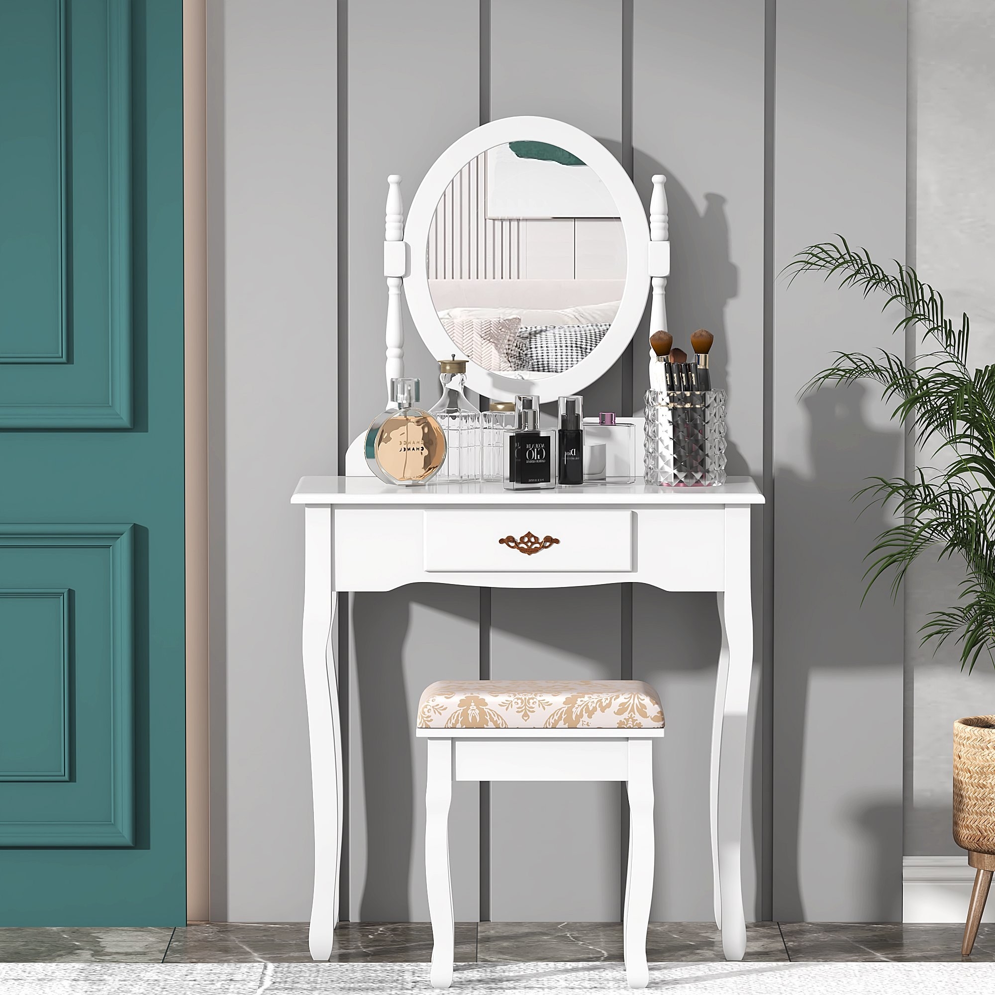 the vanity table, mirror and stool in white