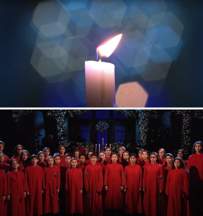 Top: A close-up of a lit candle in &quot;Saturday Night Live&quot; Bottom: The New York City Children&#x27;s Chorus sings on stage in &quot;Saturday Night Live&quot;