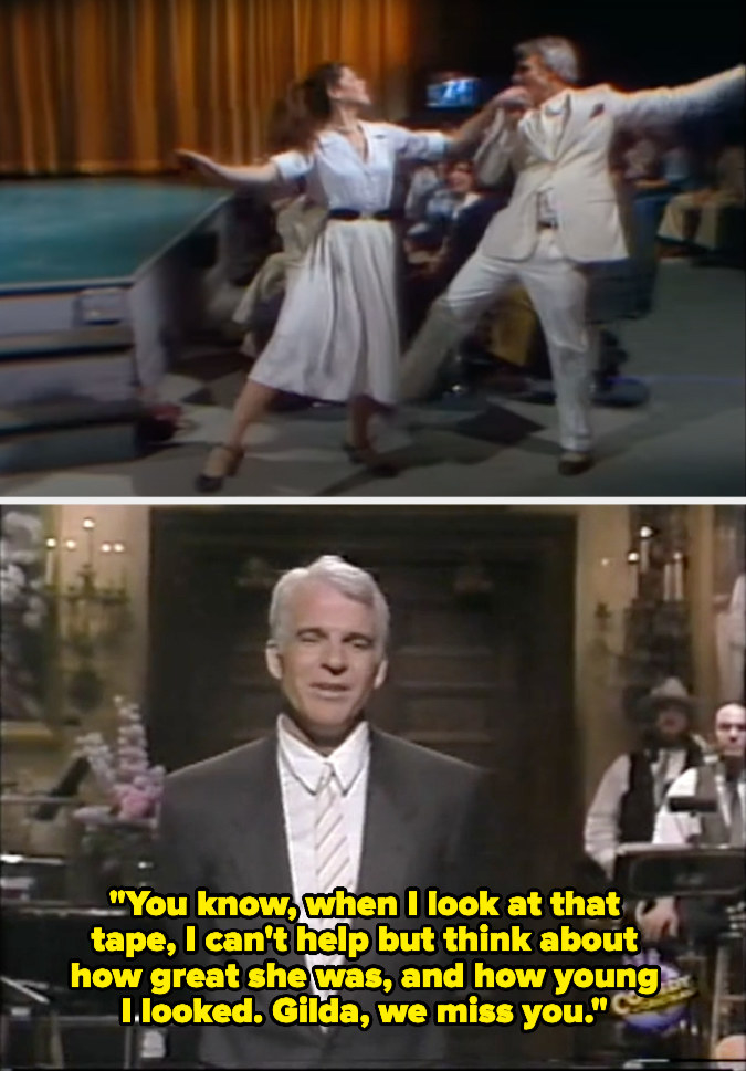 Top: Gilda Radner and Steve Martin dance together in &quot;Saturday Night Live&quot; Bottom: Steve Martin says that he misses Gilda in &quot;Saturday Night Live&quot;