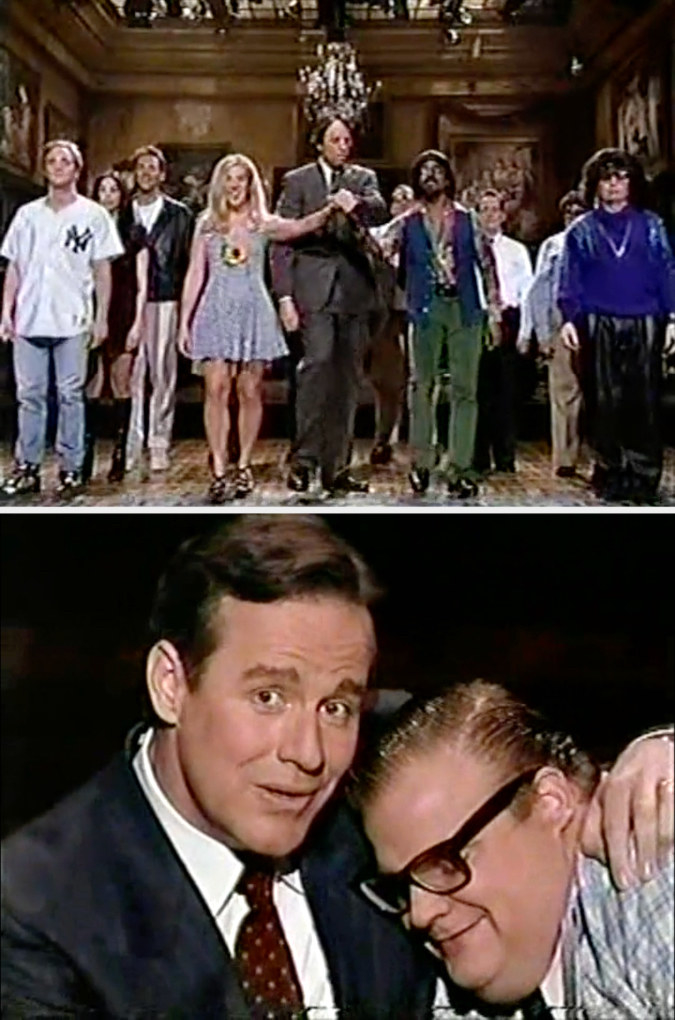 Top: Castmates dance on stage in &quot;Saturday Night Live&quot; Bottom: Phil Hartman holds Chris Farley and looks into the camera in &quot;Saturday Night Live&quot;