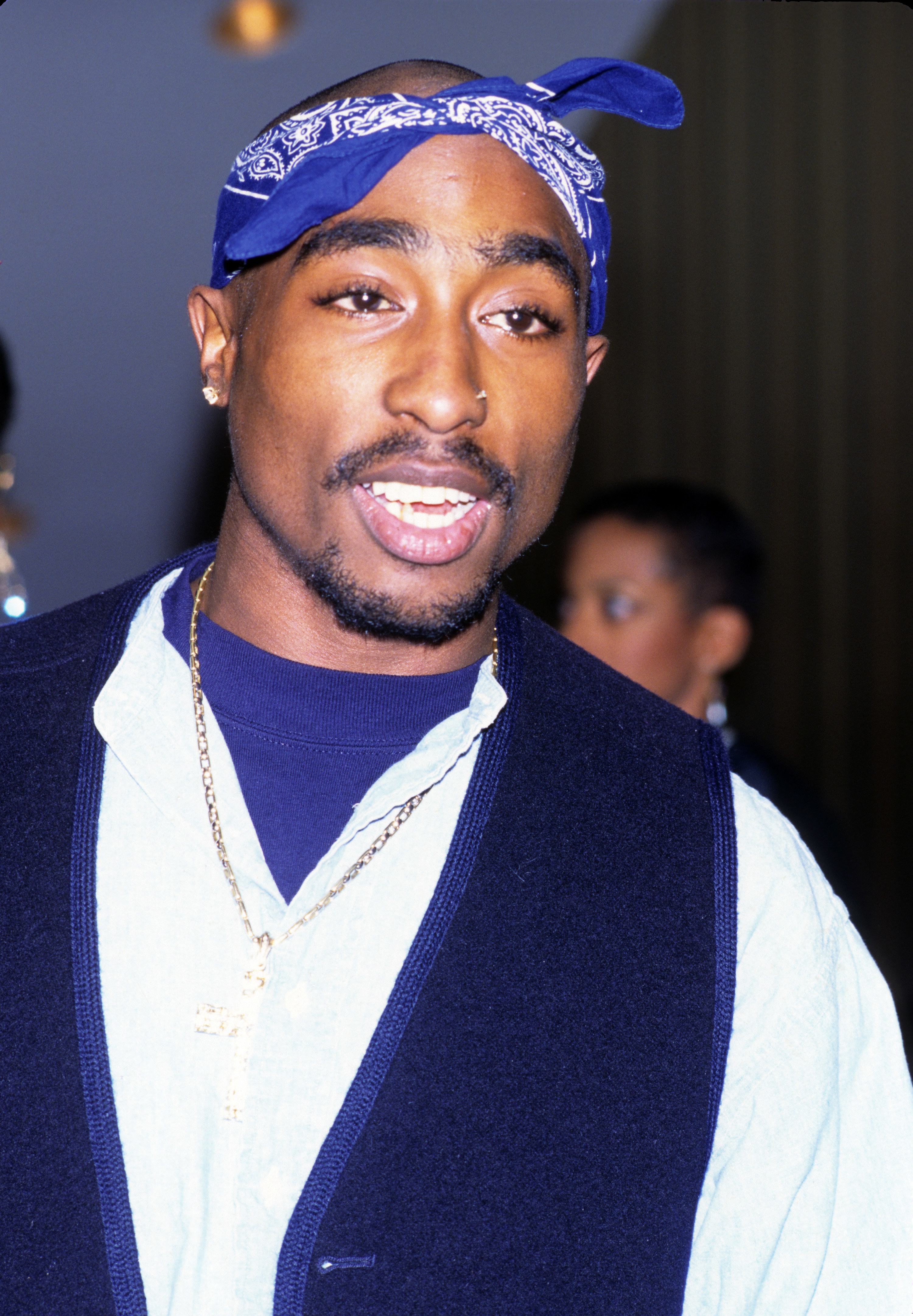 Rapper and actor Tupac Shakur at a movie premiere in 1996