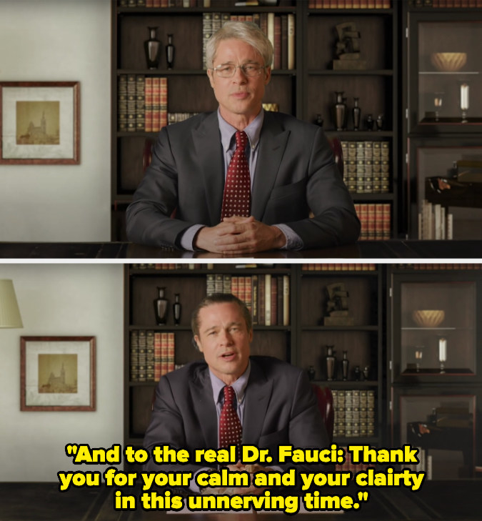 Top: Brad Pitt as Dr. Fauci sits at a desk in &quot;Saturday Night Live&quot; Bottom: Brad Pitt as Dr. Fauci thanks the real Dr. Fauci in &quot;Saturday Night Live&quot;