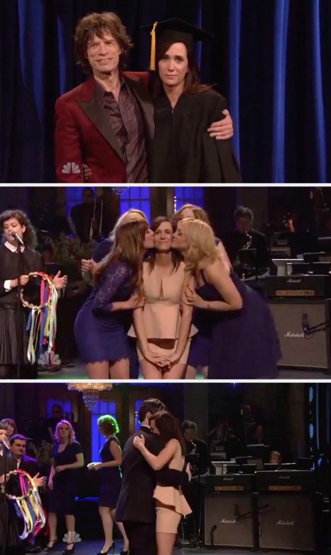 Top: Mick Jagger hugs Kristen Wiig in &quot;Saturday Night Live&quot; Middle: A group of castmates kiss Kristen Wiig on the cheek in &quot;Saturday Night Live&quot; Bottom: Kristen Wiig and Bill Hader dance in &quot;Saturday Night Live&quot;