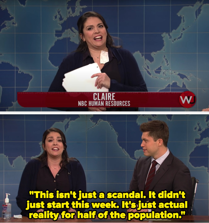 Top: Cecily Strong as Claire from H.R sits at a desk with a receipt in her shirt in &quot;Saturday Night Live&quot; Bottom: Cecily Strong as Claire from H.R says that this &quot;didn&#x27;t start this week, it&#x27;s a reality for half of the population&quot; in &quot;Saturday Night Live&quot;